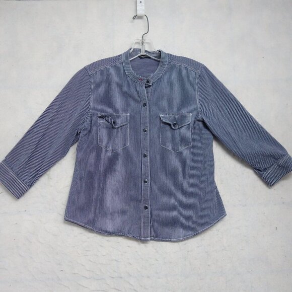 American Eagle Outfitters Button-Up Top Women's Size L Blue Striped 100% Cotton - Picture 1 of 10